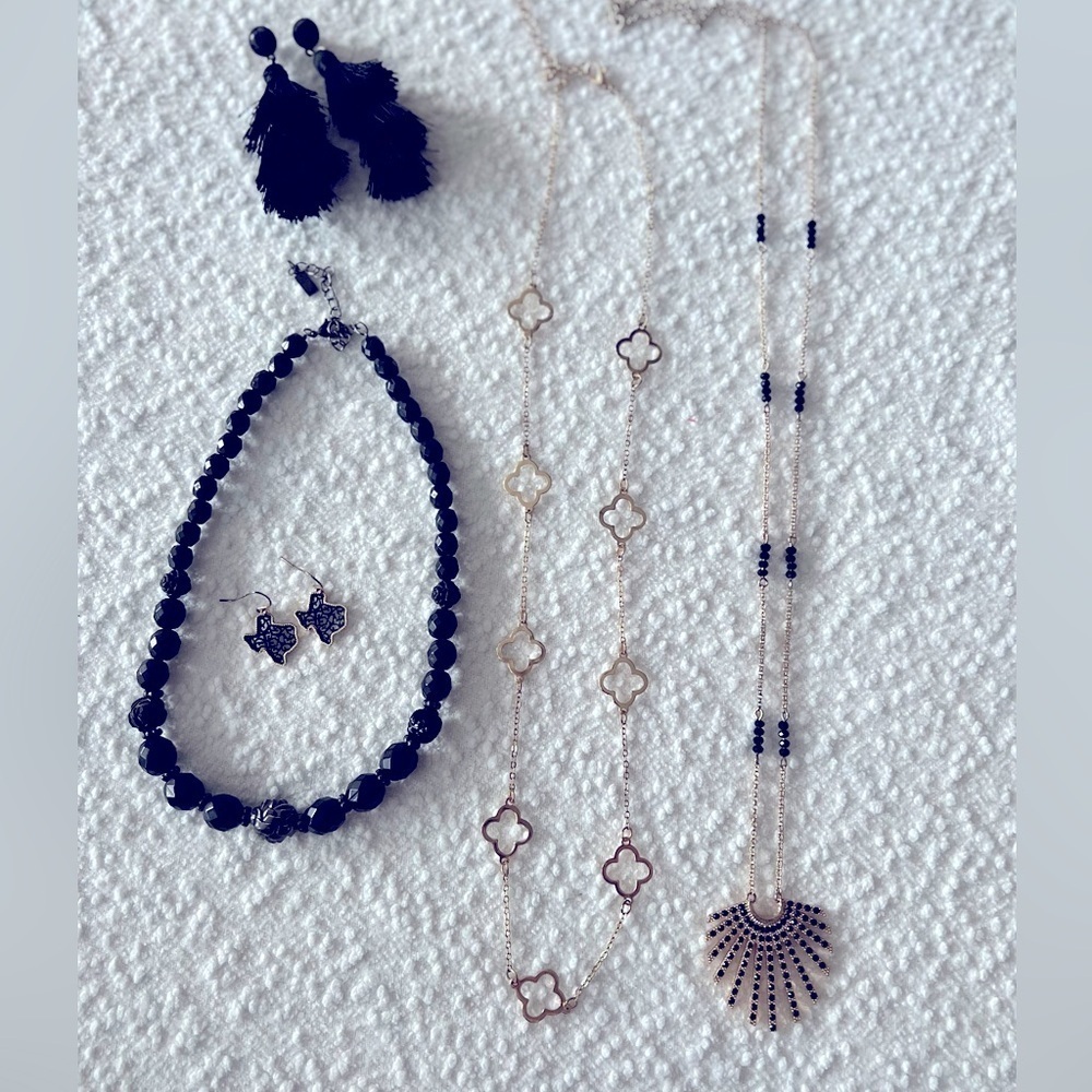 BUNDLE Black Gold Jewelry Necklace Earrings Studs Texas Clover Rose Classy Fun